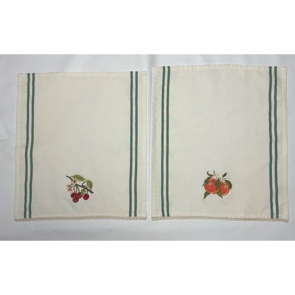 Vintage Tea Towels Embroidered Fruit Design Set 2 16” x 19”  Oranges, Cherries - Picture 1 of 5
